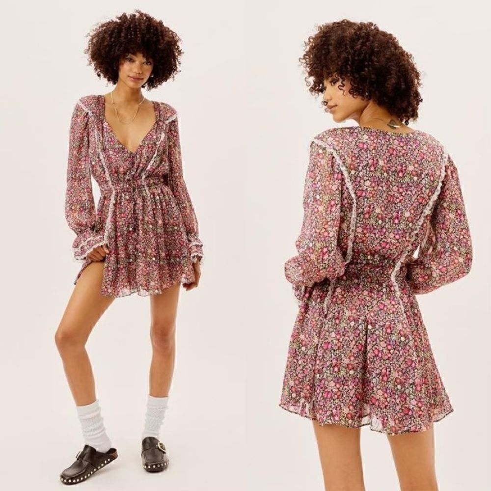 For Love & Lemons Grace Mini Pink Dress Floral Lace Size S